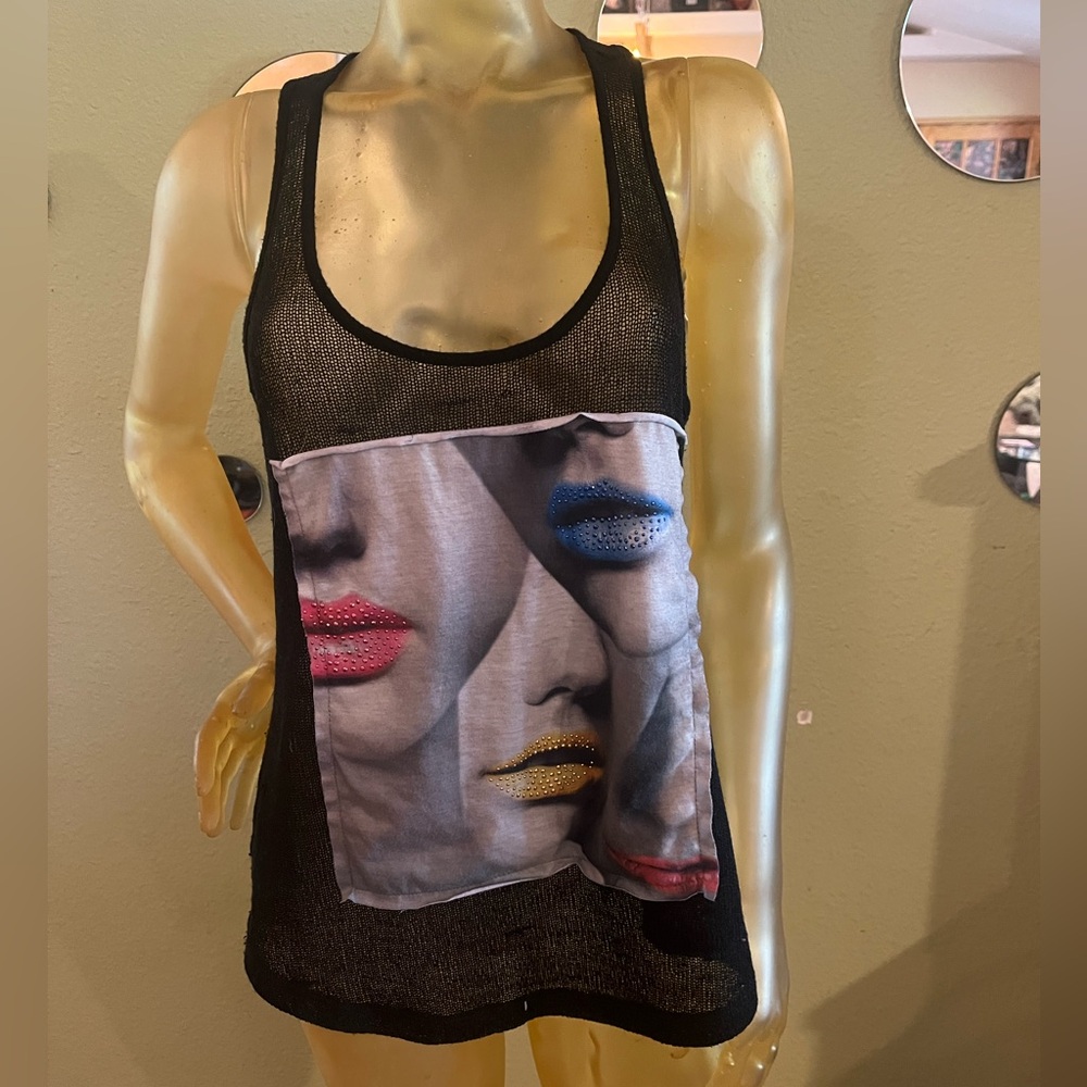 Stylish Black Mesh Tank Top with Pop Art Print, & Rhinestone Accents